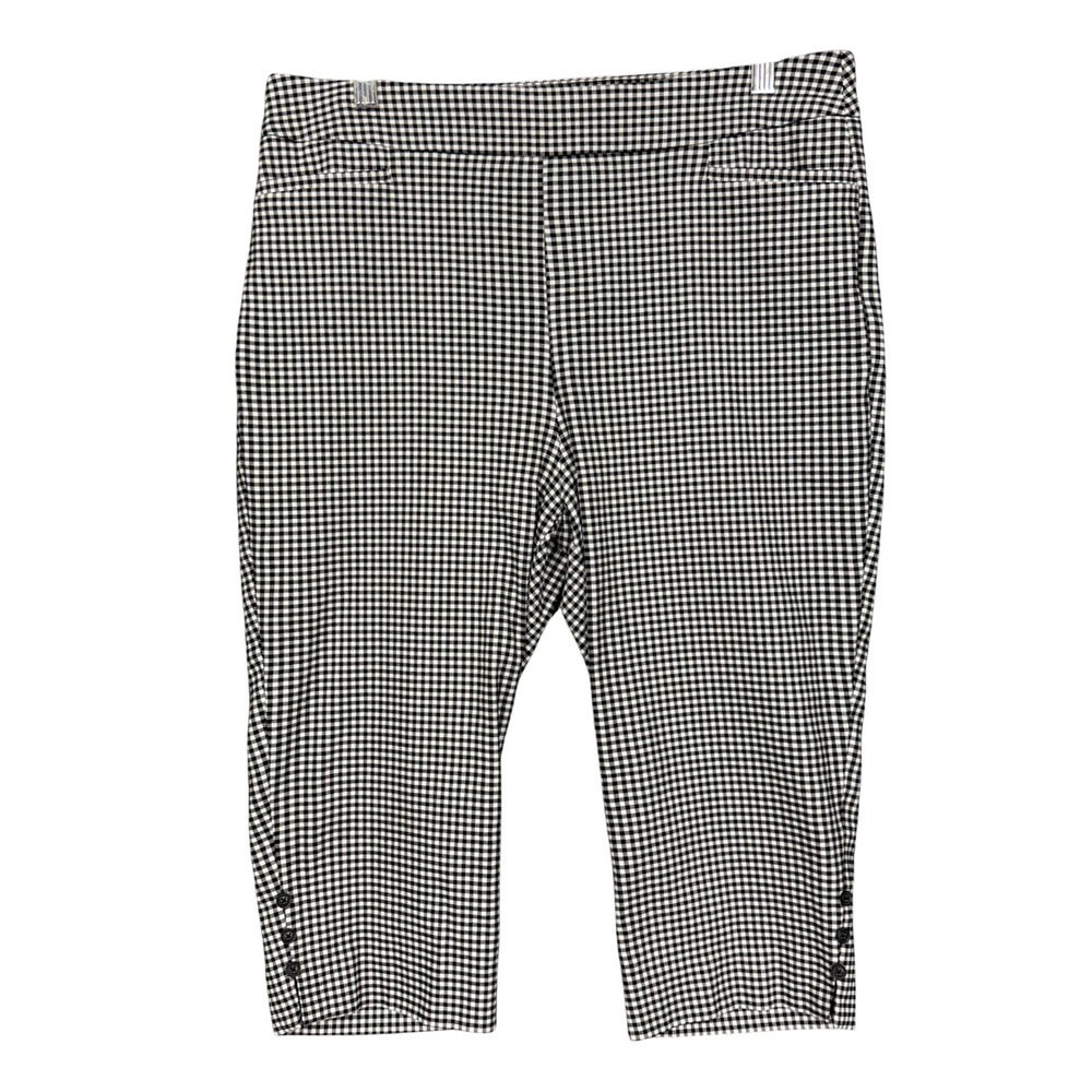 Chicos Pants 2 Womens 12 Black White Gingham Juliet Cropped Button Hem Stretch